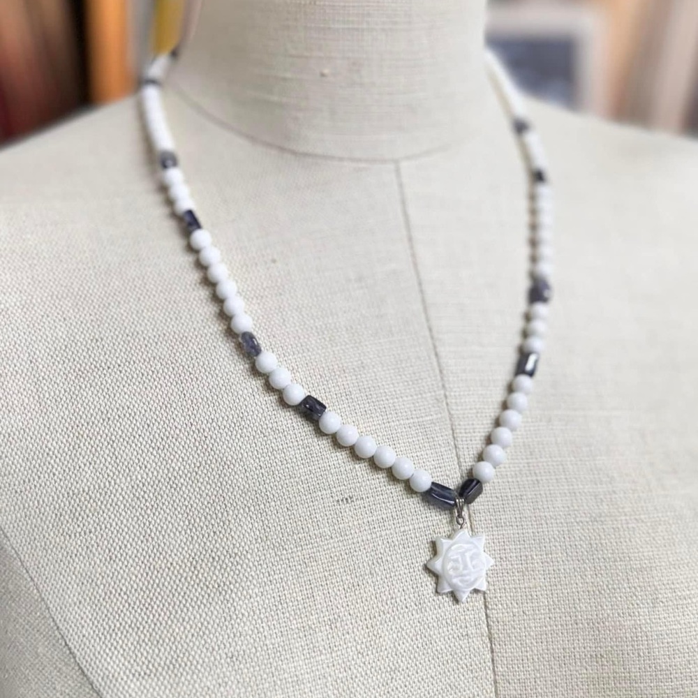 Vintage Carved Sun Beaded Necklace with Sterling Hardware